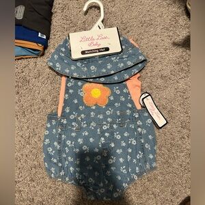 Little Lass Blue Floral Romper with Matching Hat- NWT